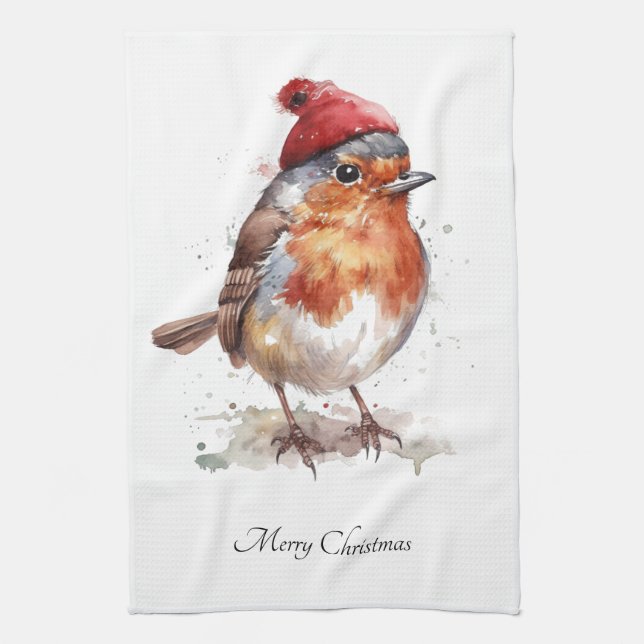 Christmas Red Robin Tea Towel (Vertical)