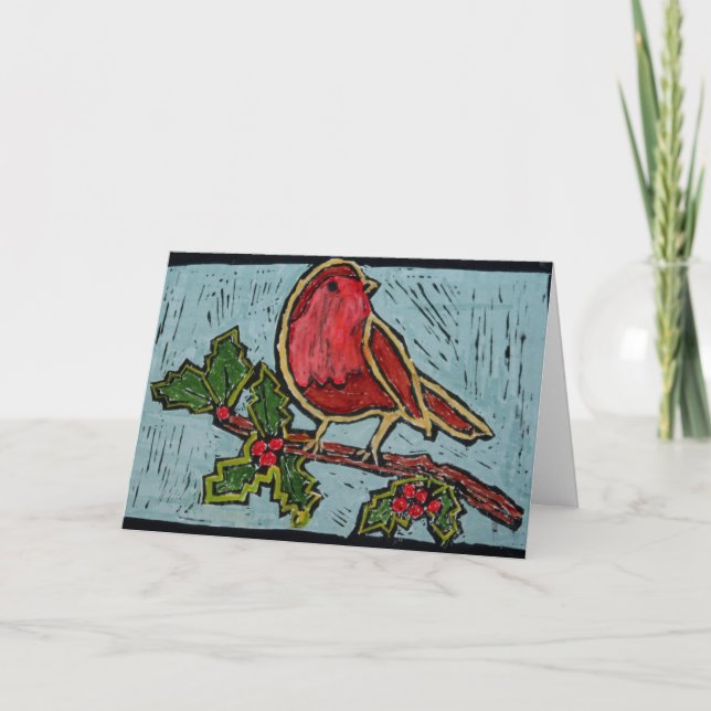 Christmas Red Robin with Green Holly Berries Holiday Card (Front)