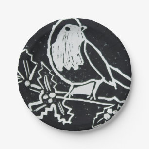 Christmas Red Robin with Holly in Black and White Paper Plate