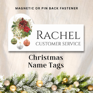 Christmas Red Rose Floral Baubles Employee Name Tag