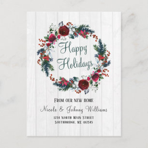 Christmas Red Rose with Pine Floral Wreath Moving Announcement Postcard