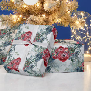 Christmas Red Roses Blue Spruce Winter Holiday Wrapping Paper