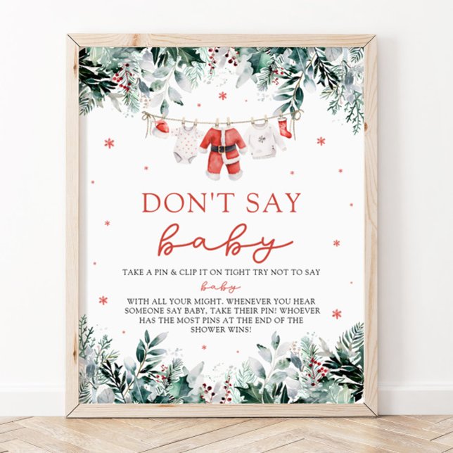 Christmas Red Santa Baby Dont Say Baby Baby Shower Poster (Watercolor Christmas Red Santa Baby Dont Say Baby Baby Shower Sign)