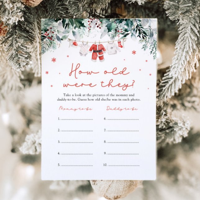 Christmas Red Santa Baby Shower How Old Were They Invitation (Watercolor Cute Christmas Red Santa Baby Shower How Old Were They Game)