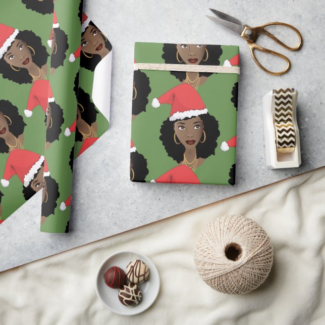 Christmas Red Santa Hat, Black Woman, Green Wrapping Paper (Crafts)