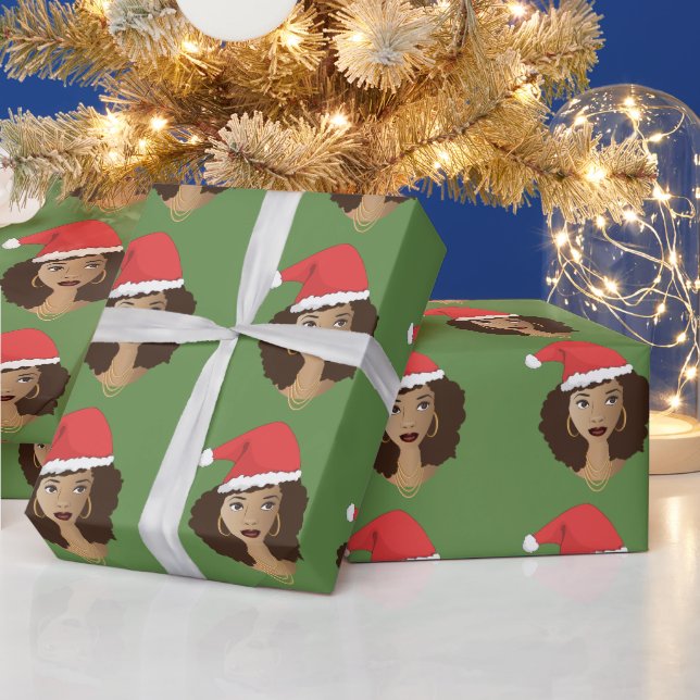 Christmas Red Santa Hat, Black Woman, Green Wrapping Paper (Holidays)