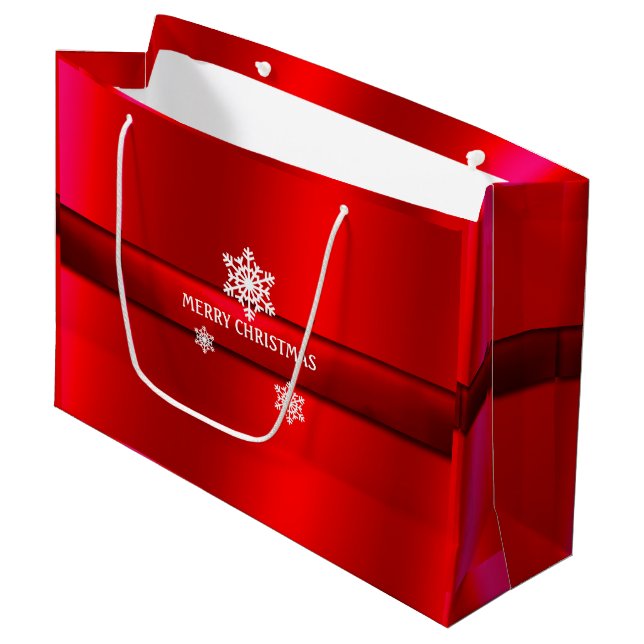 Christmas, Red Satin, Snowflakes,Custom Large Gift Bag (Front Angled)