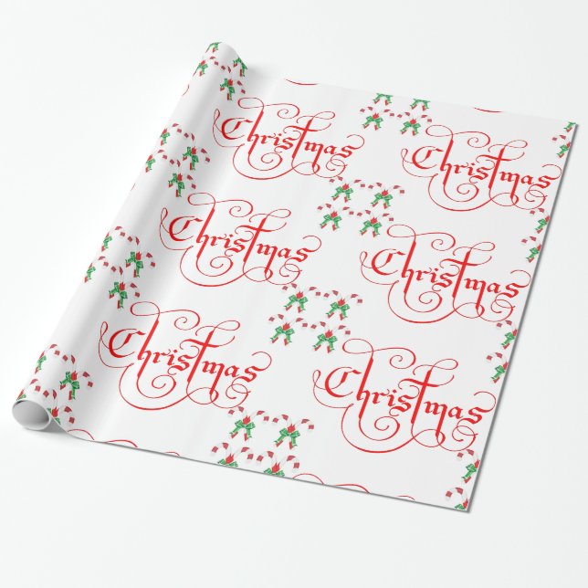 Christmas Red Script Candy Candy Cane Green Ribbon Wrapping Paper (Unrolled)