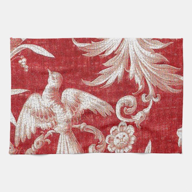 Christmas Red Shabby Toile Tea Towel (Horizontal)
