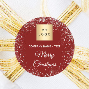 Christmas red silver glitter business logo classic round sticker