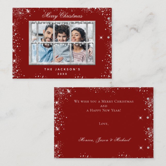 Christmas red silver glitter photo window card (Front/Back)
