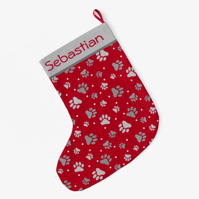 Christmas Red & Silver Paw Prints Personalised Pet Large Christmas Stocking (Back (Hanging))