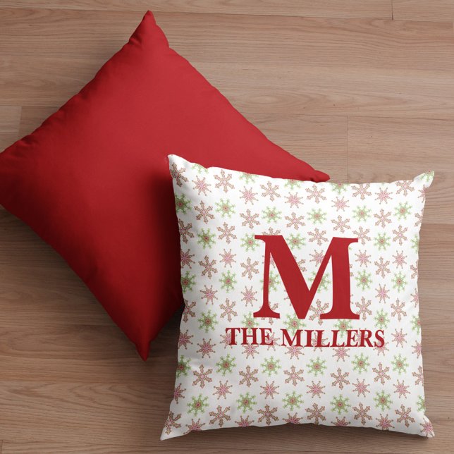 Christmas Red Snowflake Monogram Personalised Cushion (Christmas red and green colorful snowflake pattern monogram pillow)