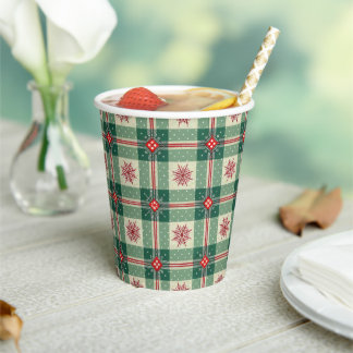 Christmas Red Snowflakes Green Checks Pattern Paper Cups