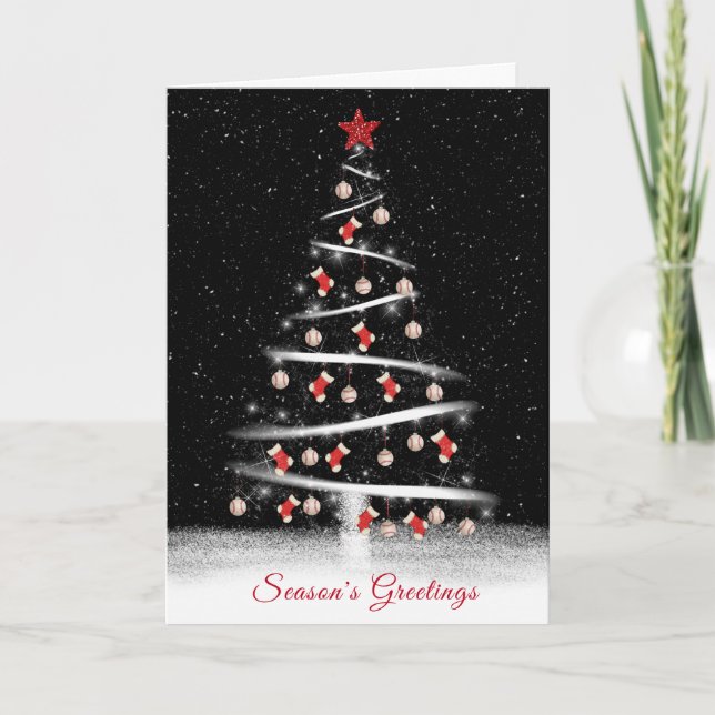 Christmas Red Socks and Baseball Tree  Holiday Card (Front)