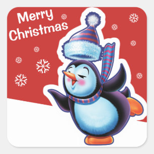 Christmas red square sticker Penguin skating.