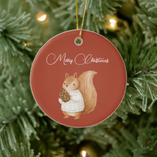 Christmas Red Squirrel Pine Cone Ceramic Tree Decoration