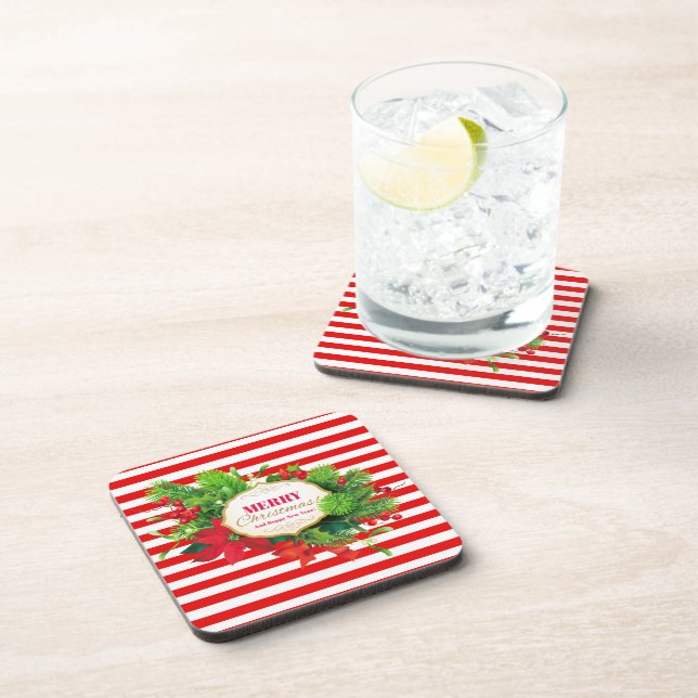 Christmas Red Striped Beverage Coaster (Right Side)