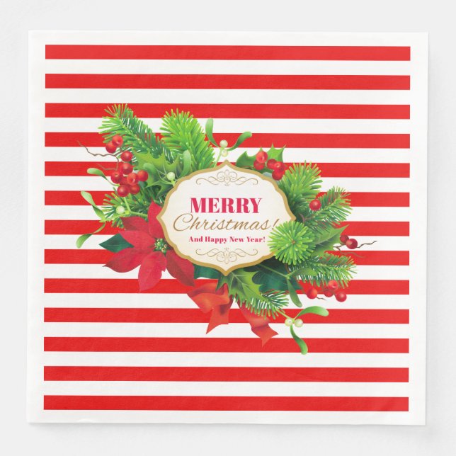 Christmas Red Striped Dinner Paper Napkin (Front)