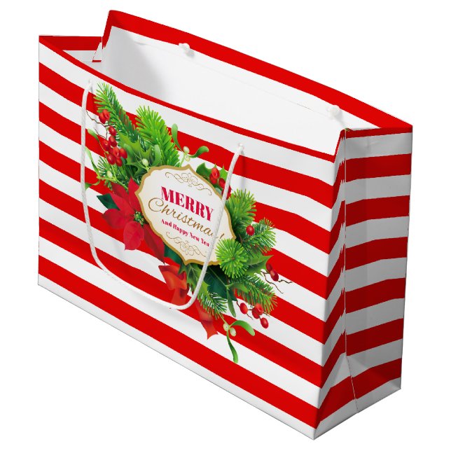 Christmas Red Striped Gift Bag - Large (Front Angled)