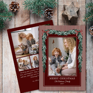 Christmas Red Stripes Bow Garlands 5 Photo Holiday Card