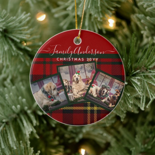 CHRISTMAS Red Tartan Photo Collage  Ceramic Tree Decoration (Tree)