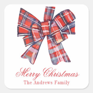 Christmas Red Tartan Plaid Bow Enclosure Square Sticker