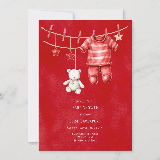 Christmas Red Teddy Bear Clothesline Baby Shower Invitation (Front)