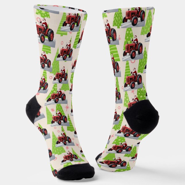 Christmas Red Tractor Santa Festive Holiday  Socks (Angled)