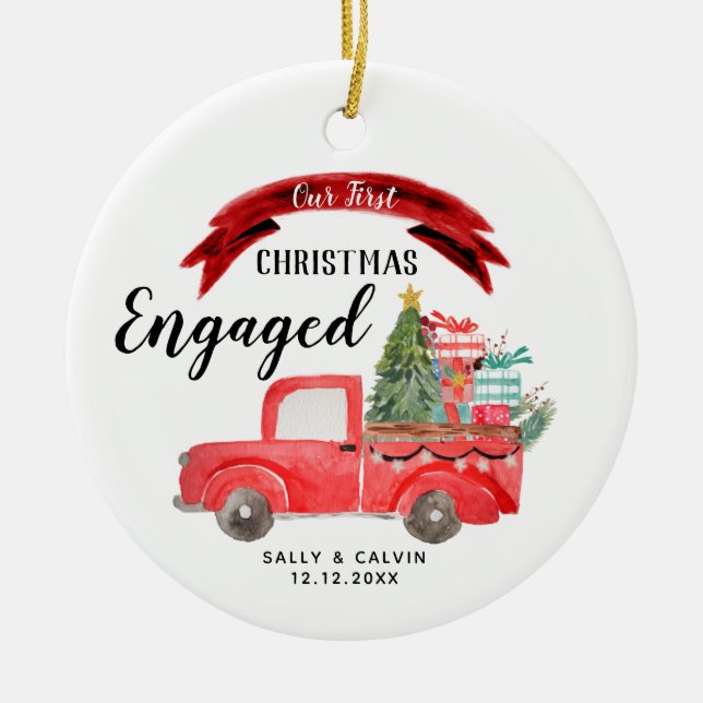 Christmas Red Truck 1st Christmas Engaged Ceramic Tree Decoration (Front)