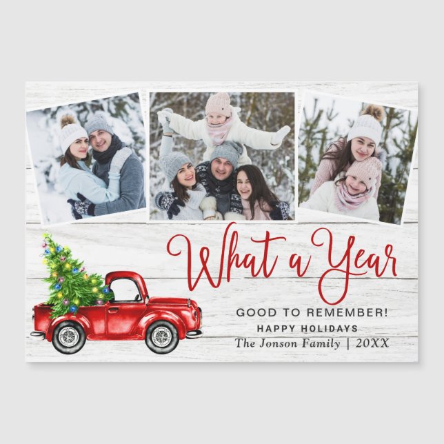 Christmas Red Truck 3 Photo Holiday Magnetic Card (Front)