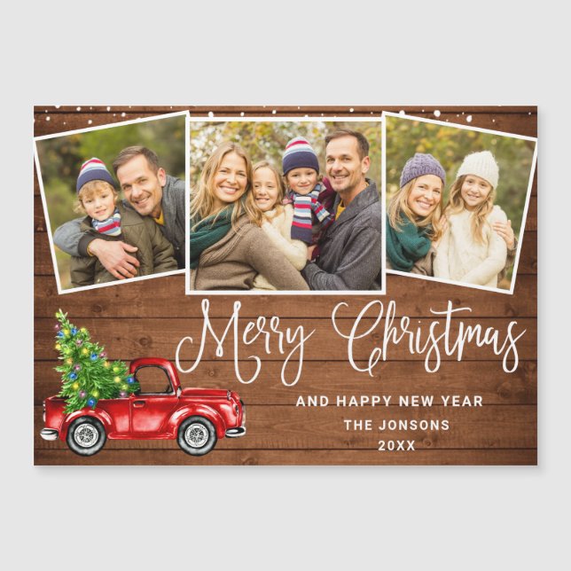 Christmas Red Truck 3 Photo Holiday Magnetic Card (Front)