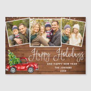 Christmas Red Truck 3 Photo Holiday Magnetic Card