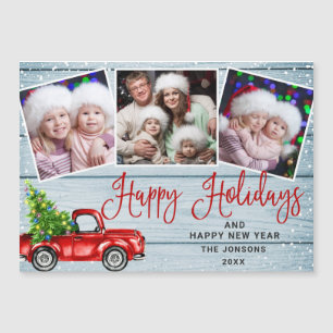 Christmas Red Truck 3 Photo Holiday Magnetic Card
