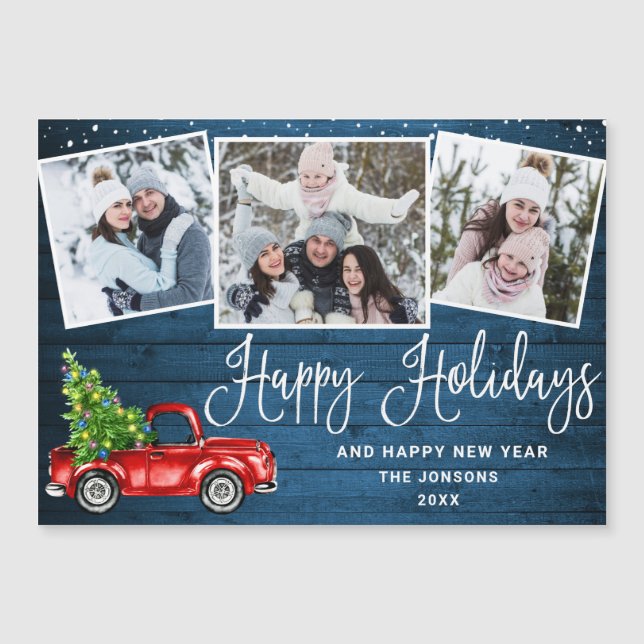 Christmas Red Truck 3 Photo Holiday Magnetic Card (Front)