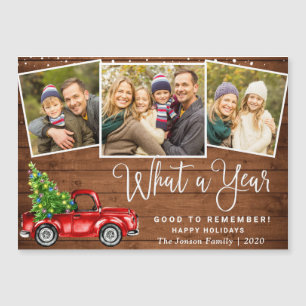 Christmas Red Truck 3 Photo Holiday Magnetic Card