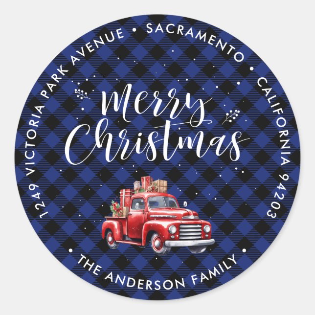 Christmas Red Truck Blue Return Address Labels (Front)