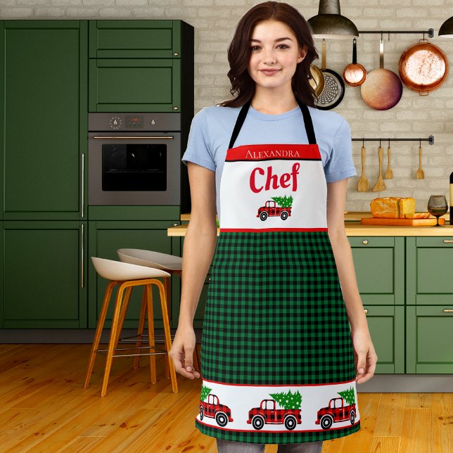 Christmas Red Truck Chef Green Buffalo Plaid  Apron (Creator Uploaded)