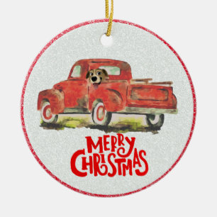 Christmas Red Truck Dog Photo Ceramic Ornament