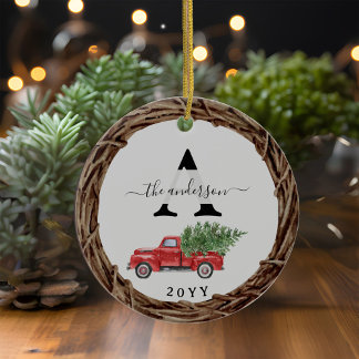 Christmas Red Truck Family Monogram with Photo Ceramic Tree Decoration