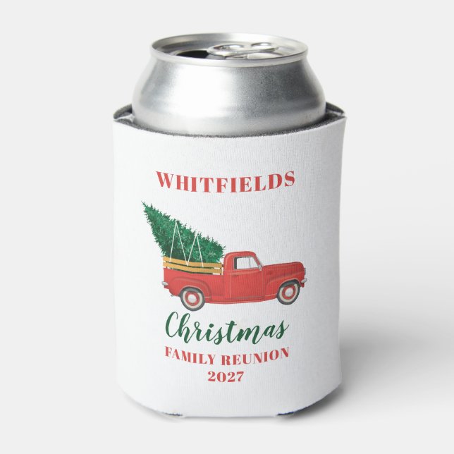Christmas Red Truck Family Reunion Custom Can Cooler (Can Front)