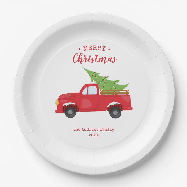 Christmas Red Truck Holiday Dinner Party Farmhouse Paper Plate (Front)