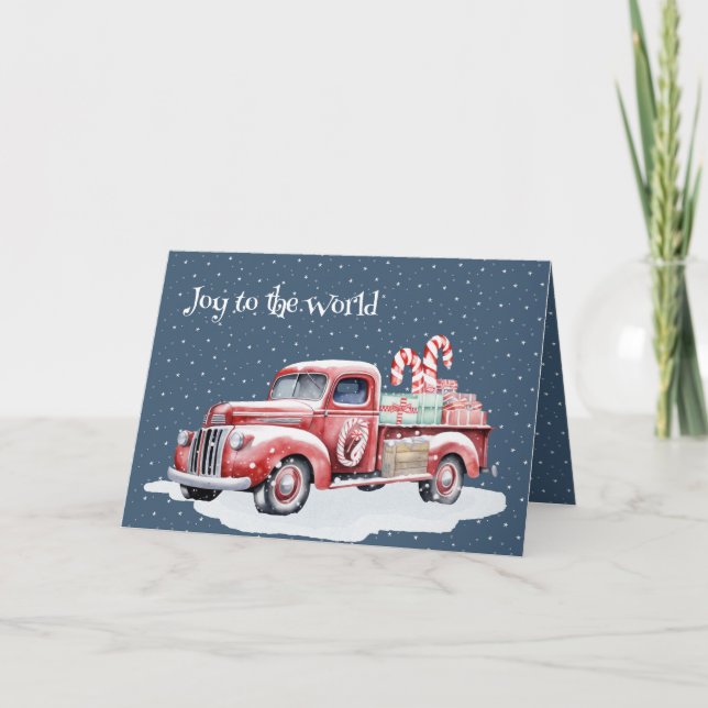Christmas Red Truck In Snowflakes Holiday Card (Front)
