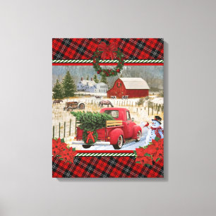 christmas red truck on horse farm painting canvas print
