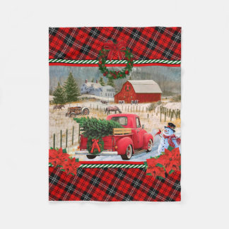 Christmas Red Truck On Horse Farm Painting Fleece Blanket