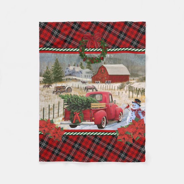 Christmas Red Truck On Horse Farm Painting Fleece Blanket (Front)