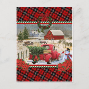 christmas red truck on horse farm painting postcard