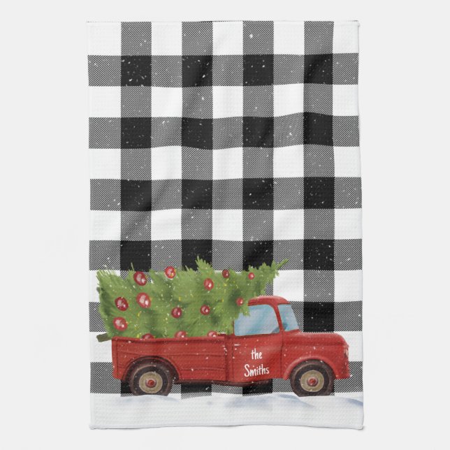 Christmas Red Truck On Plaid Tea Towel (Vertical)