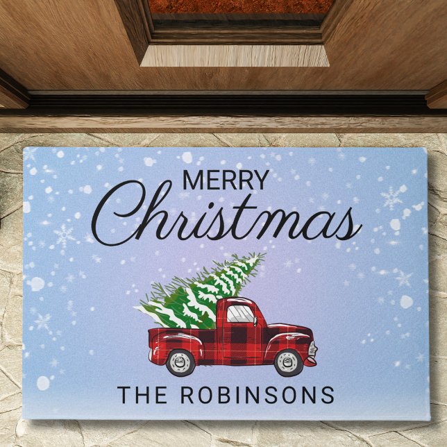Christmas Red Truck Plaid Family Name Doormat (Creator Uploaded)