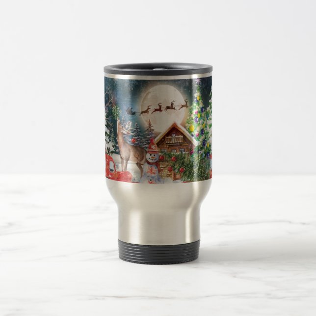 Christmas Red Truck Santa Rustic Winter Holidays Travel Mug (Center)
